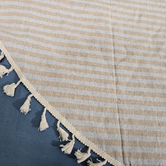 Round Tablecloth Table Cloth Cover Cloth Beige White Striped Tassel Fringe 59" - Picture 6 of 9